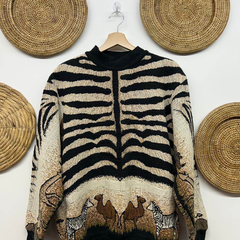 Vintage 90s Sugar Street Weavers Tapestry Sweater One Size Safari Animal Print - Picture 4 of 8